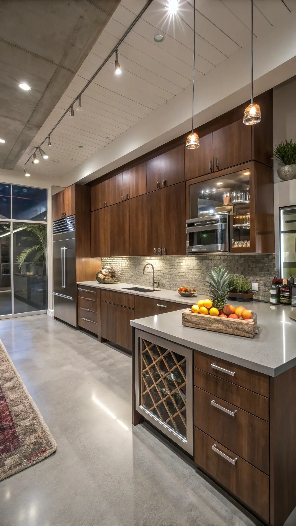 Contemporary kitchen with walnut brown high-gloss cabinets and LED under-cabinet lighting