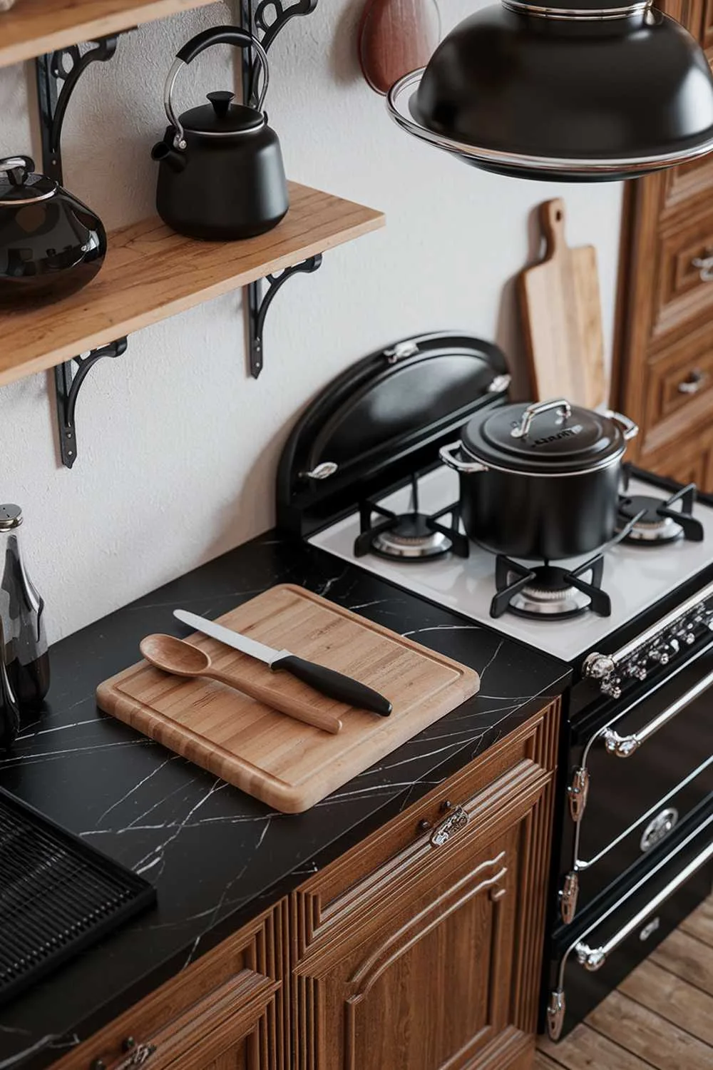 Kitchen featuring black marble countertop, wooden shelves with black cookware, and black hanging cabinets