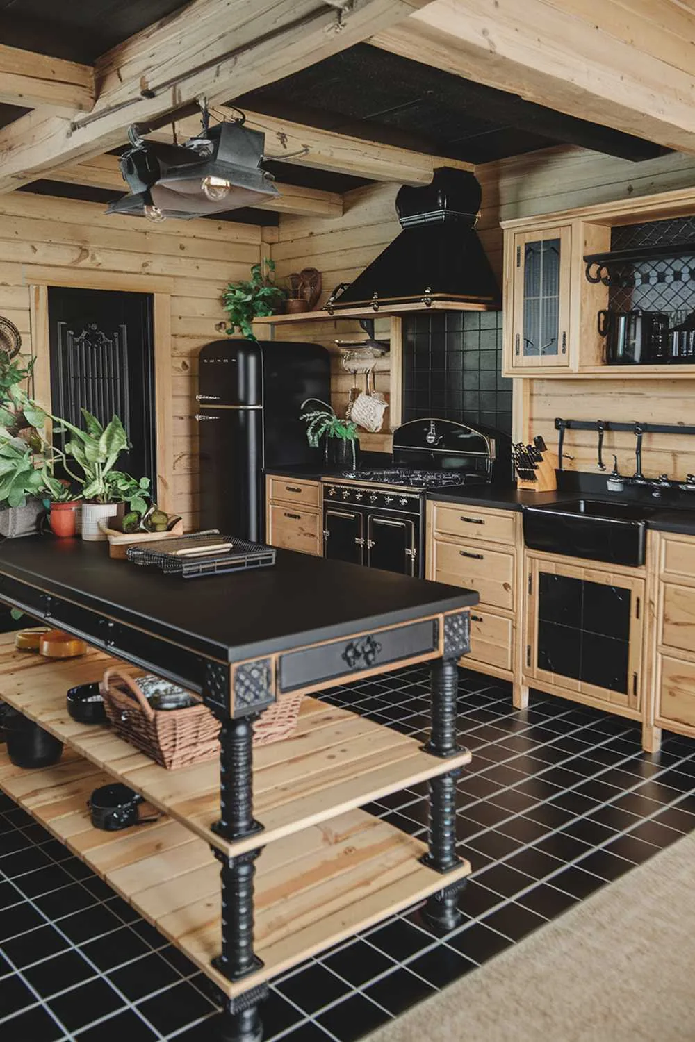 Rustic kitchen with black appliances, natural wood walls and cabinets, black tiled floor, and potted plants