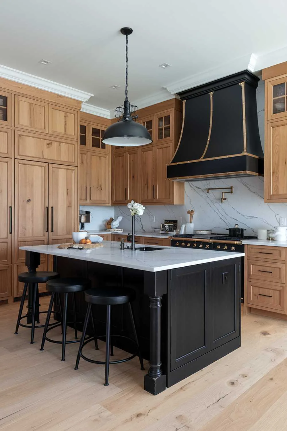 Kitchen with black island, white marble countertop, natural wood cabinets, and black range hood