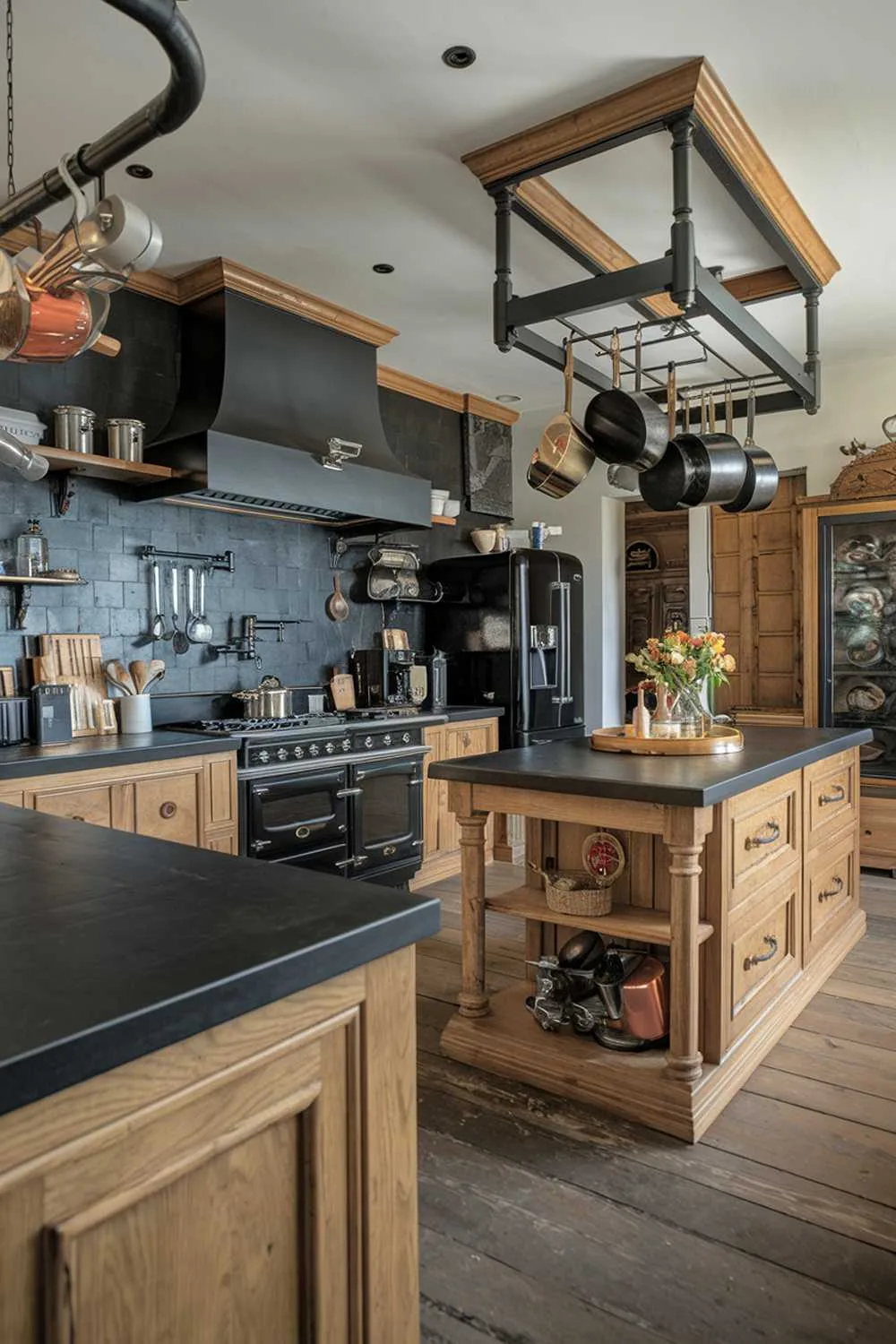 Kitchen with black countertops and backsplash, wooden island and cabinets, hanging pots and pans, and wood flooring