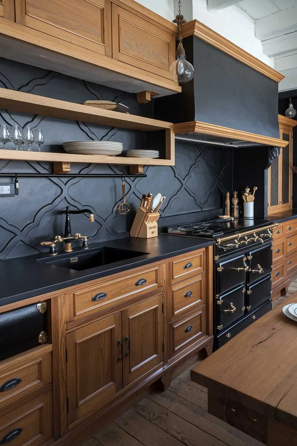 Spacious kitchen with black countertops and backsplash, wooden island and cabinets, black sink with wooden faucet, black stove with wooden knobs, wooden shelves and dining table