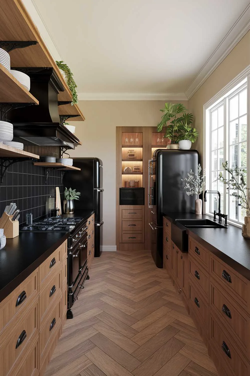 Kitchen with black countertops and backsplash, wooden cabinets and shelves, black appliances, wooden plank flooring, potted plants near window, and soft beige walls