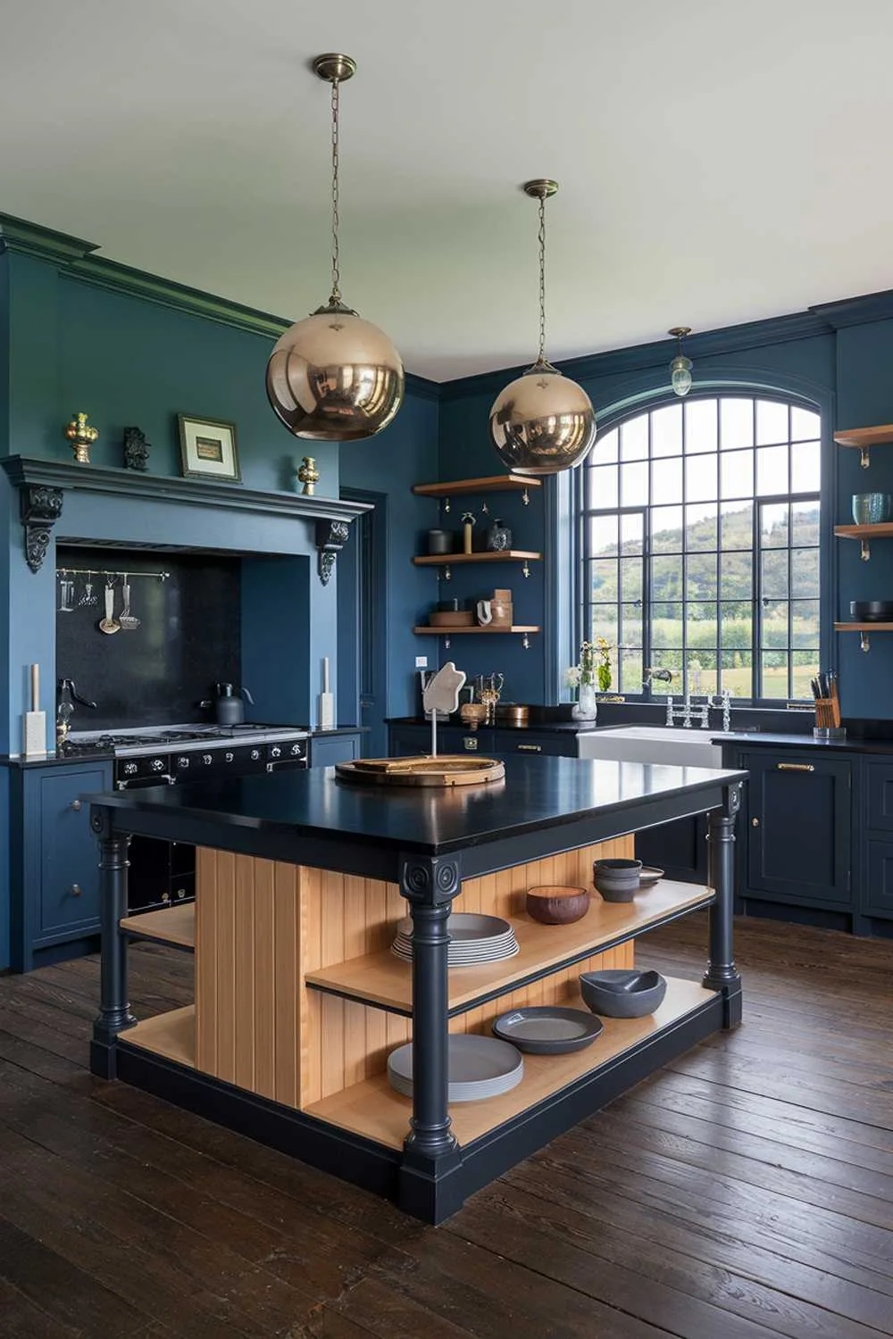 Kitchen with large island featuring black countertop and wood shelves, deep blue cabinets and island, dark wood flooring, and large window with green landscape view