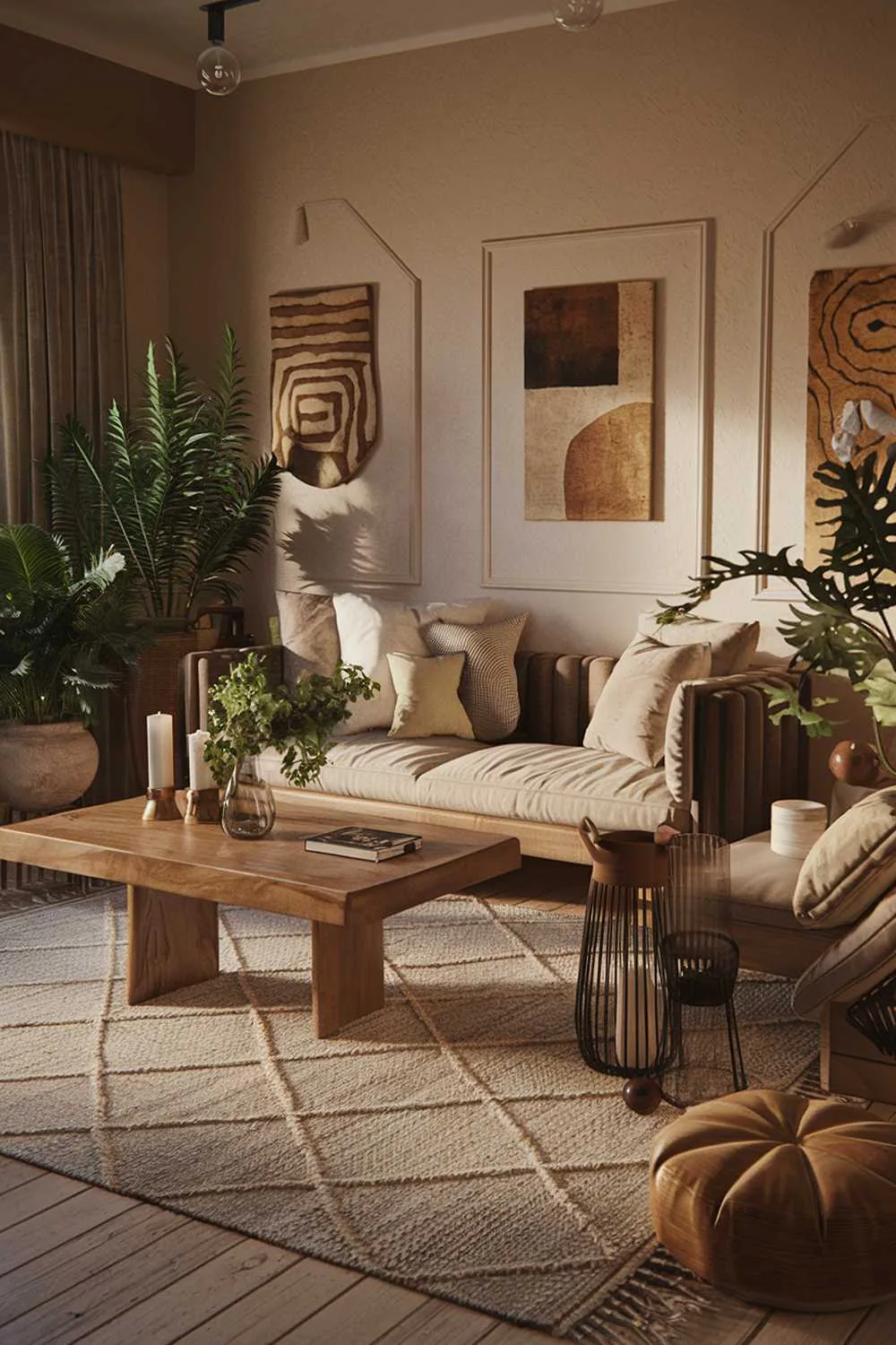 Cozy living room with warm tones, plush sofa, geometric rug, wooden coffee table, and potted plants.