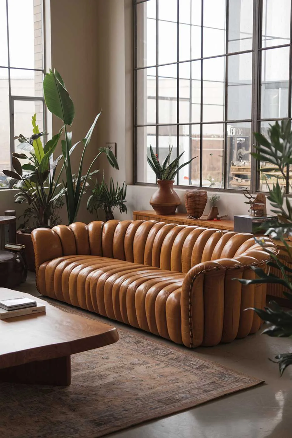 Curved leather sofa in a bright living room with wooden coffee table and plants.