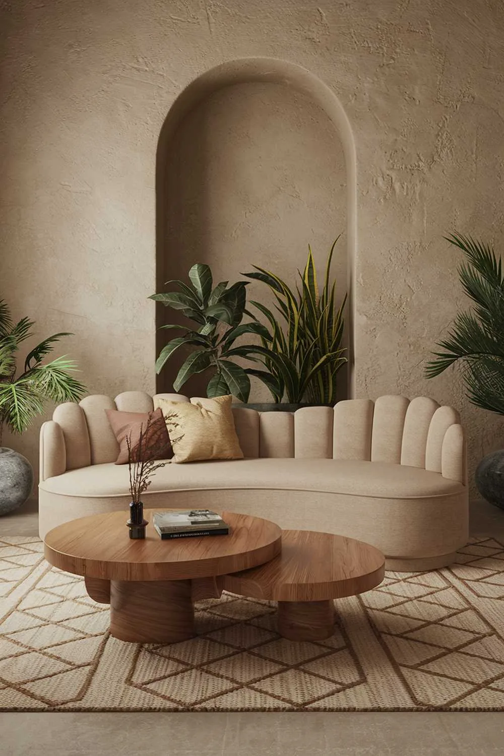 Beige curved sofa with throw pillows, round wooden coffee table, geometric rug, and potted plants in a textured living room.