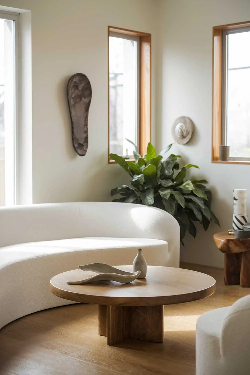 White curved sofa paired with a uniquely shaped wooden coffee table and green plant in a bright living room.