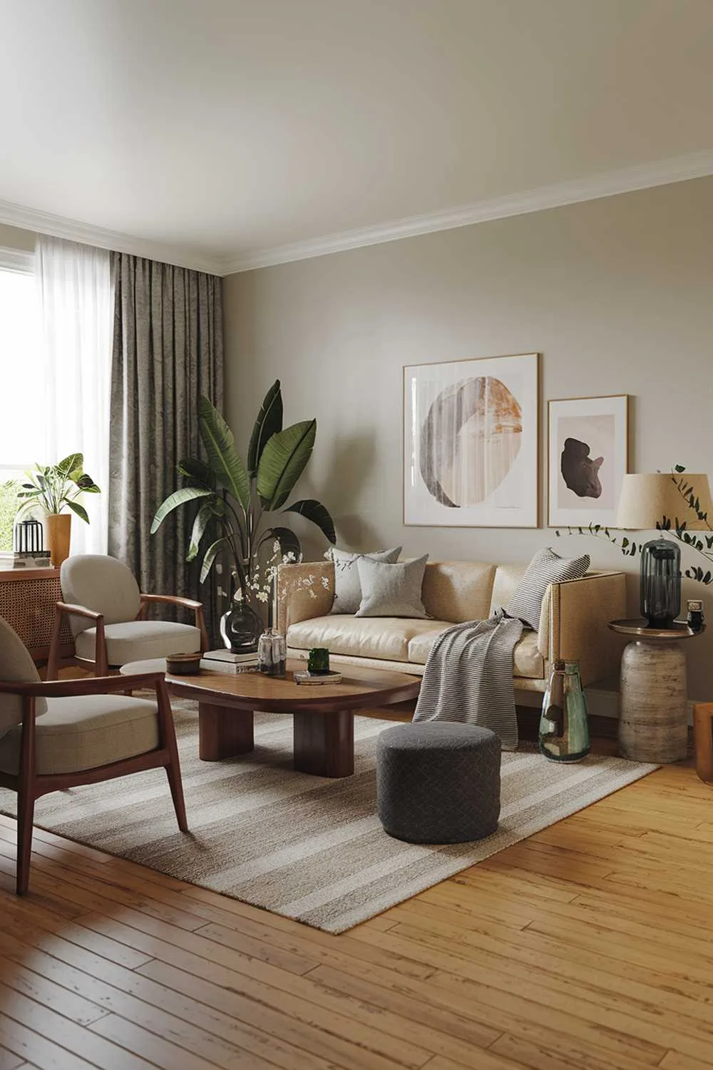 Living room with wooden floor, beige sofa, chairs, coffee table, plants, and soft lighting.