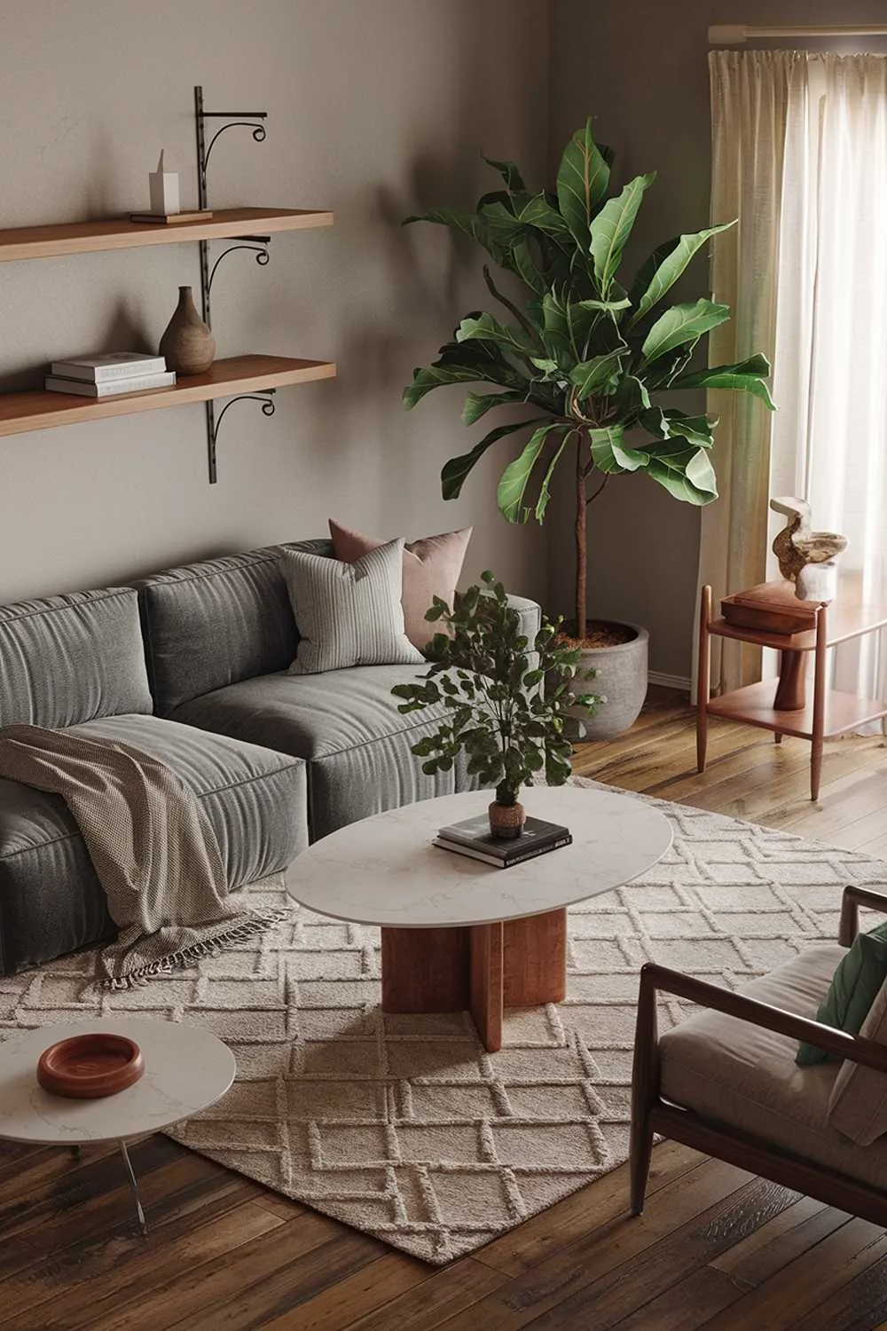 Cozy living room with plush gray sofa, white coffee table, wooden shelf, geometric rug, and plants.