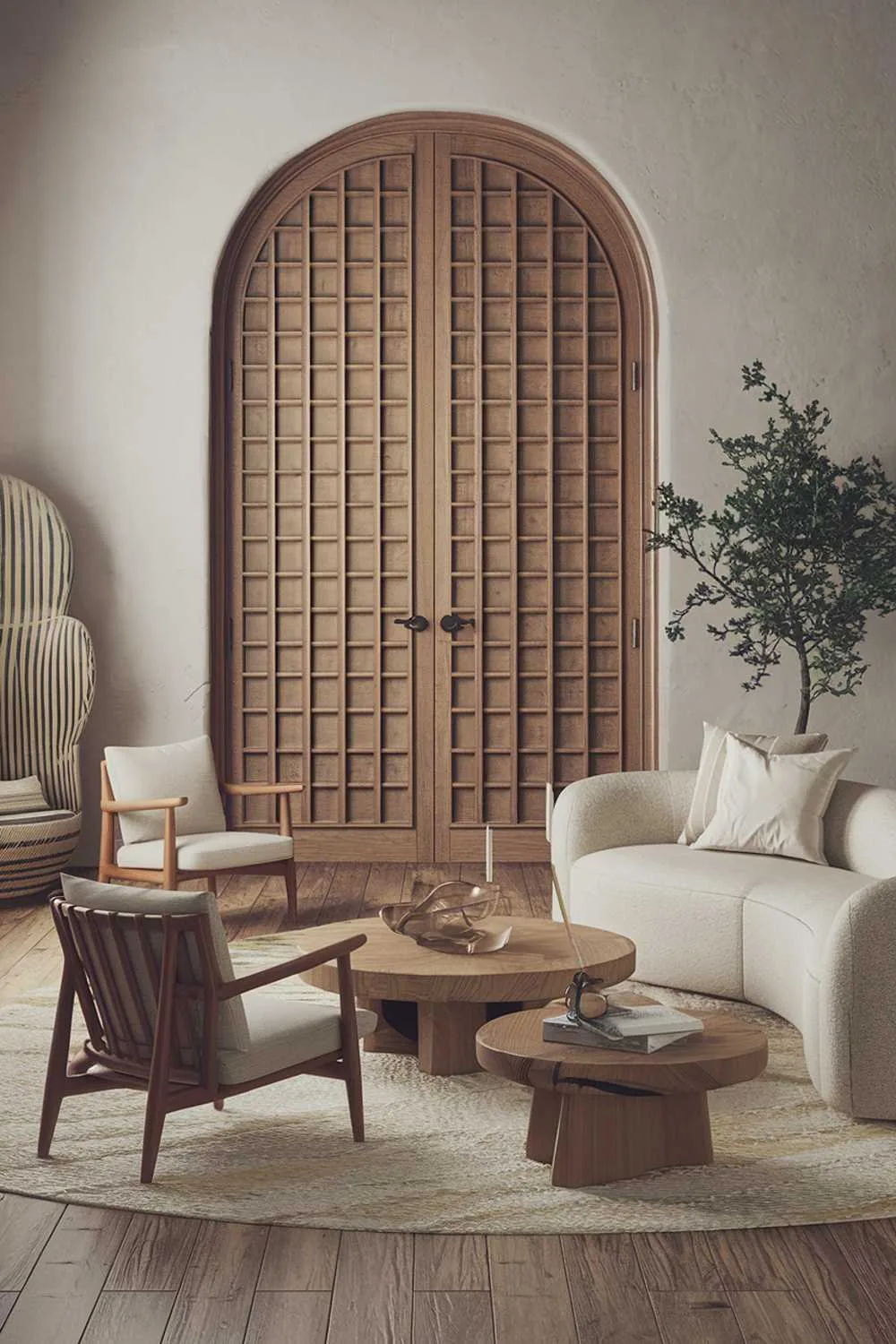 Living room with large arched doorway, white sofa, wooden chairs, round table, and plants.