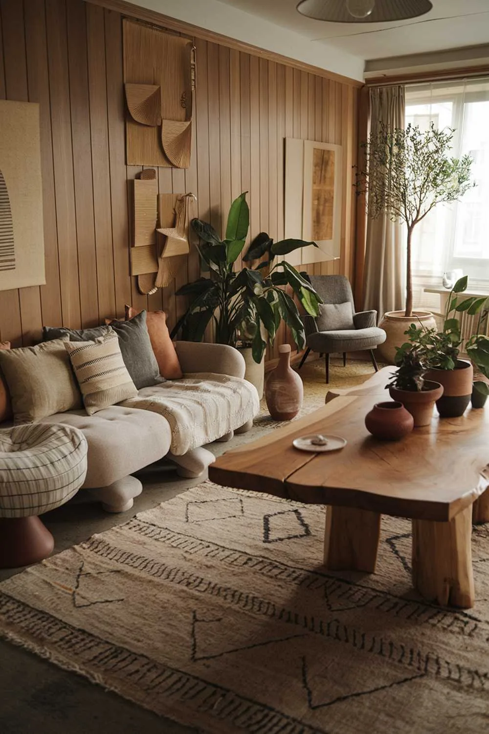 Cozy living room with beige and gray sofa, large wooden table with plants, wooden panel walls, reading chair, and geometric rug.