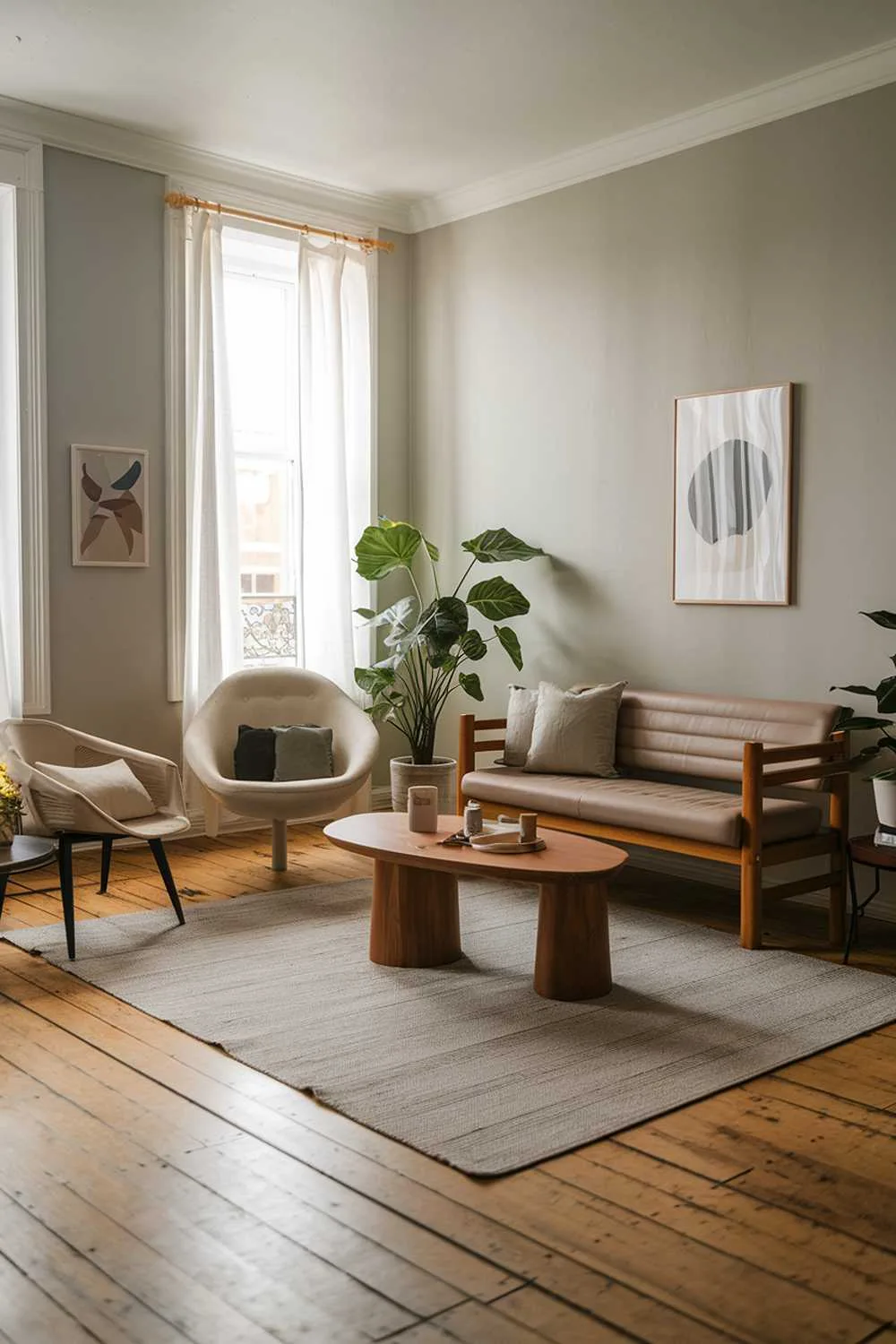 Minimalist living room with sofa, chair, coffee table, rug, potted plant, light gray walls, and wooden floor.