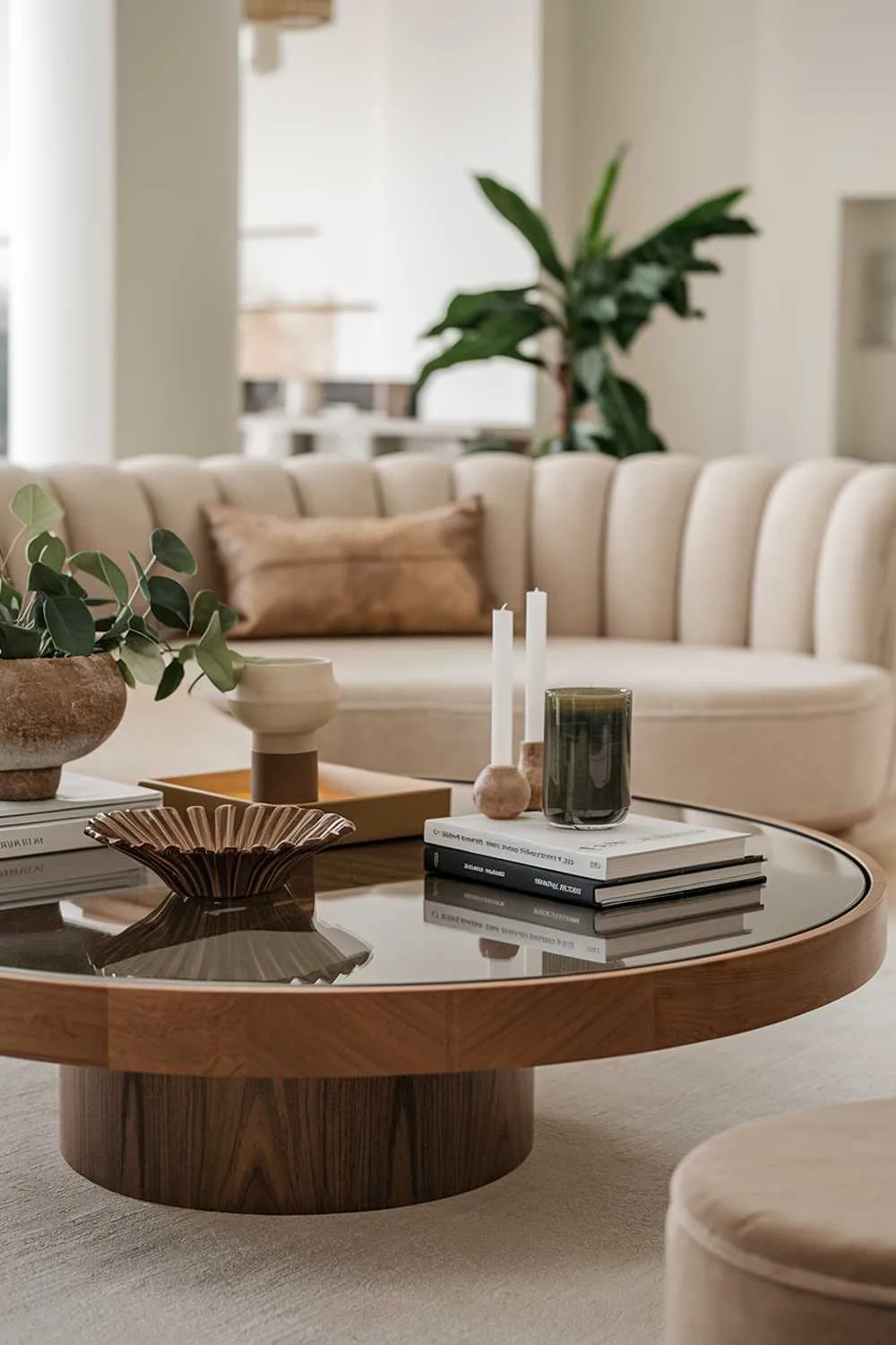 Large wooden coffee table with glass top, decorative bowl, plant, candle, books, beige sofa, and minimalist white walls.