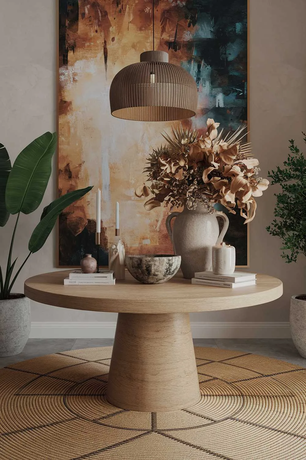 Round wooden table with vase of dried flowers, green plant, decorative bowl, candle, books, abstract painting, pendant light, and geometric rug.