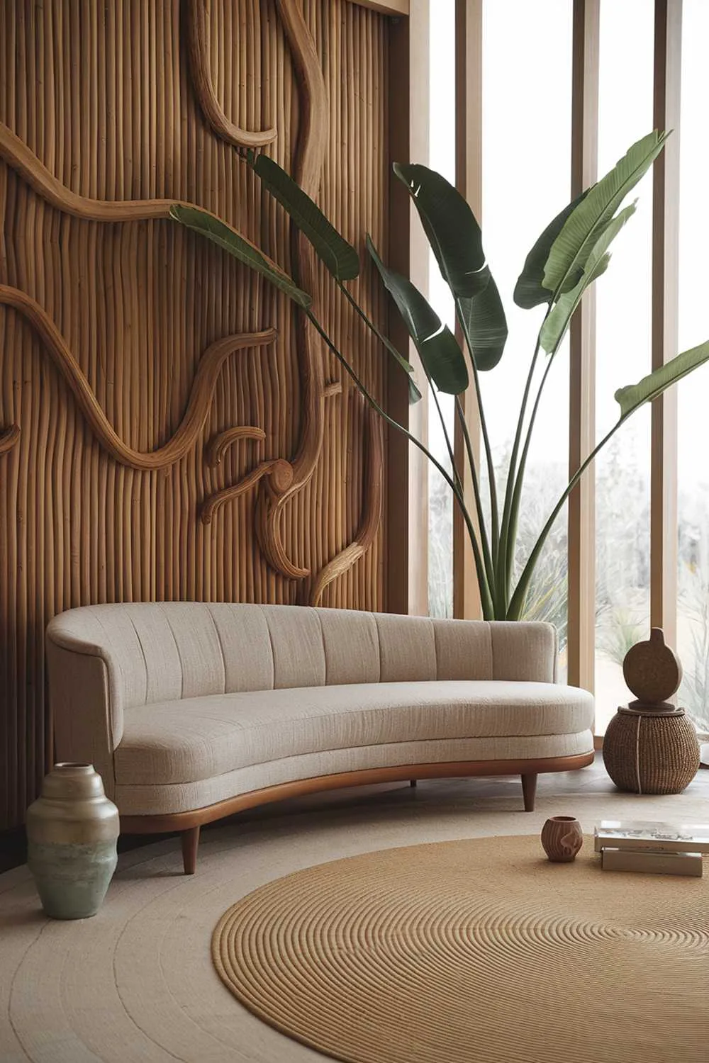 Curved beige sofa with wooden frame, wavy wooden wall panel, large green plant, beige circular rug, ceramic pot, wooden sculpture, and woven basket.