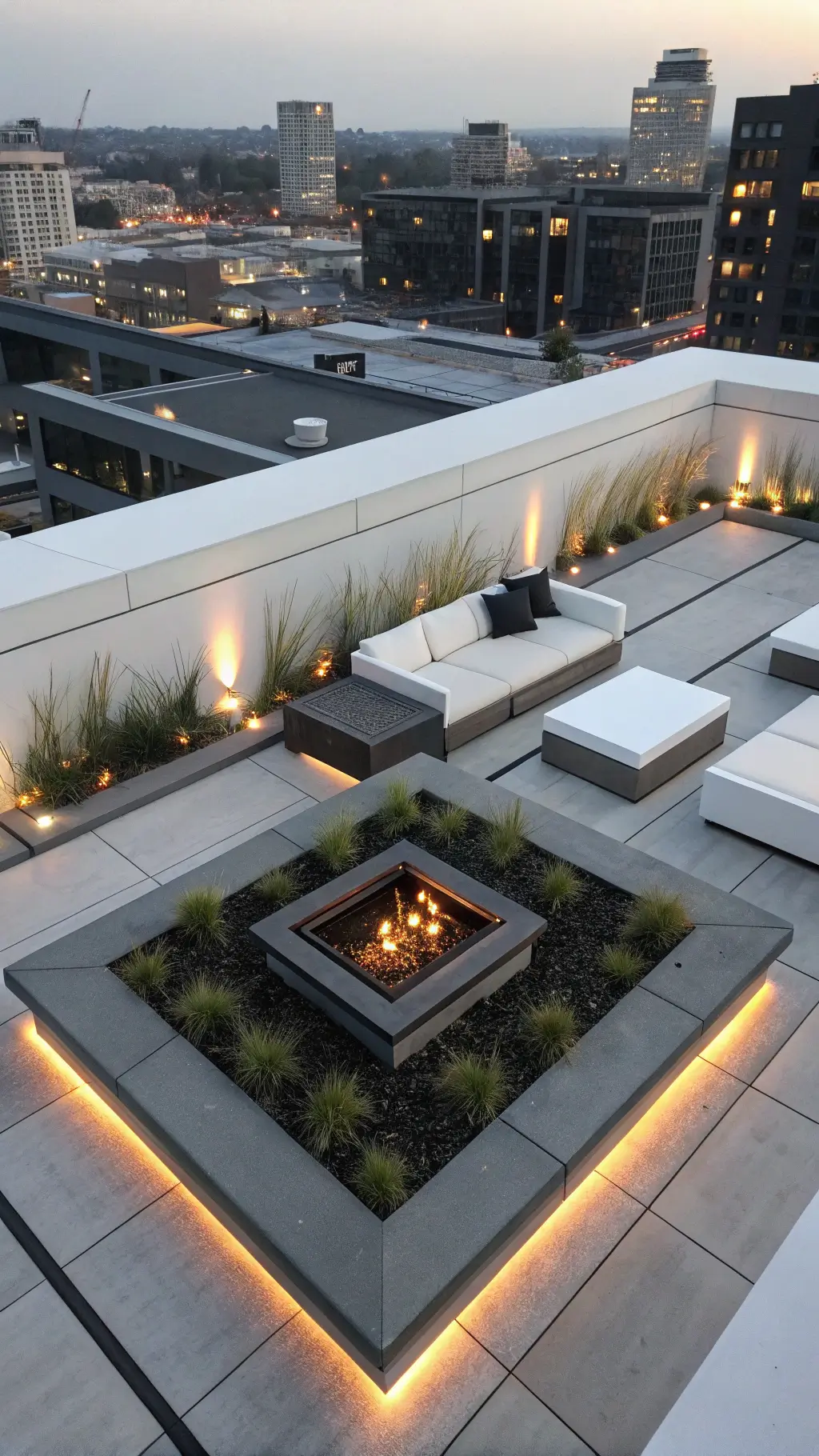 Modern rooftop terrace with metal fire pit, white seating, charcoal cushions, LED floor lighting, polished concrete planters, silver grass, and city lights at dusk