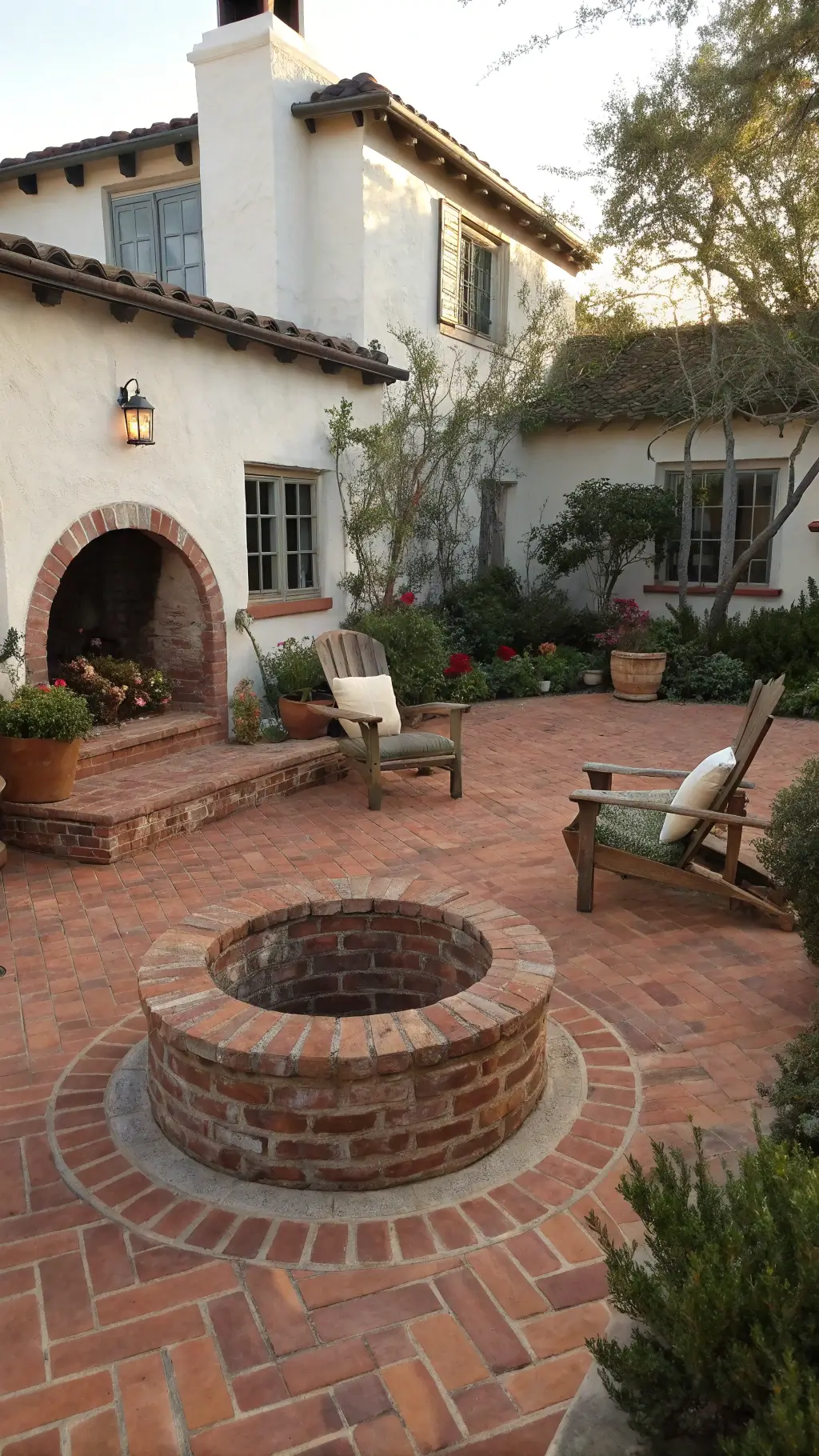 Mediterranean courtyard with brick fire pit, terracotta pavers, white stucco walls, bougainvillea, teak furniture with sage cushions, rosemary and olive trees at golden hour