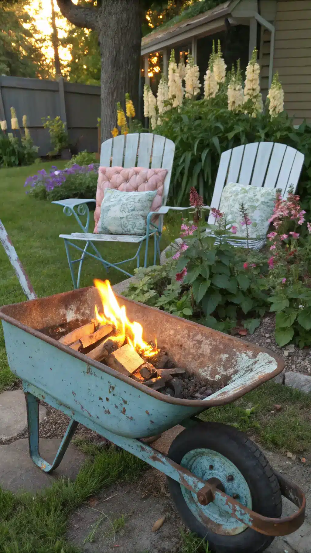 Antique blue wheelbarrow converted into fire pit surrounded by pastel metal chairs with quilted cushions in a cozy garden with hollyhocks and foxgloves