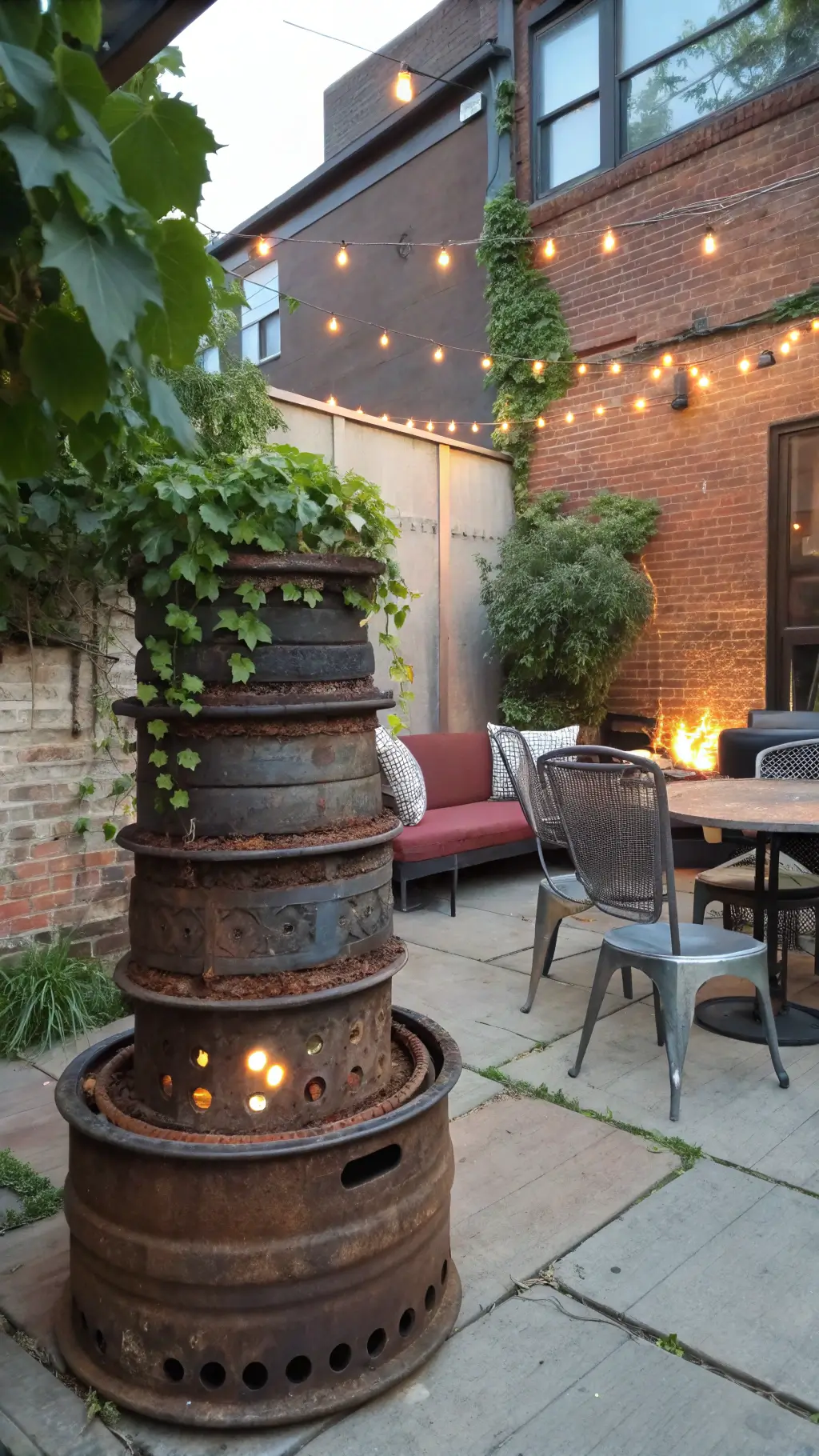 Upcycled fire pit made from vintage truck rims in an urban garden with recycled furniture, string lights, climbing ivy, and moody evening lighting
