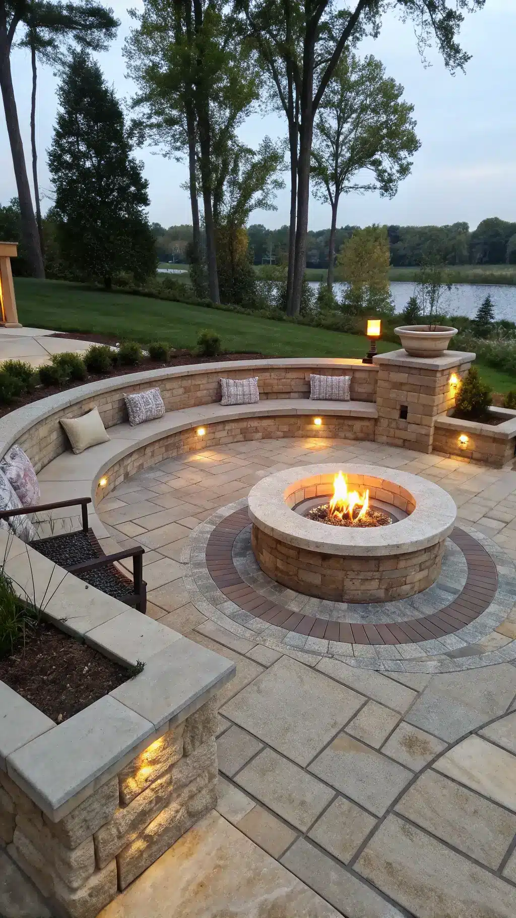 Luxury stone patio with professional fire pit, glass wind guards, built-in benches with neutral cushions, landscape lighting, and teak outdoor furniture at magic hour