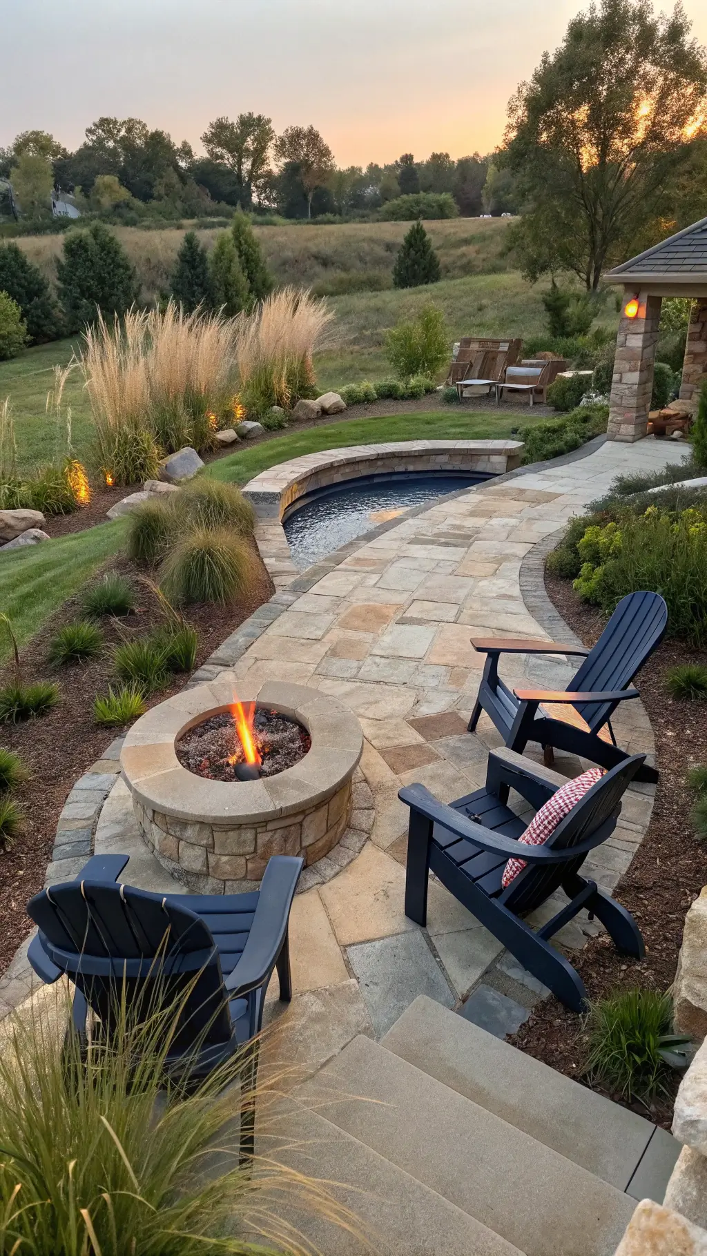 Wide-angle view of large backyard at sunset with navy Adirondack chairs around fire pit, curved flagstone paths, tall grasses for privacy, and cascading water feature with copper accents