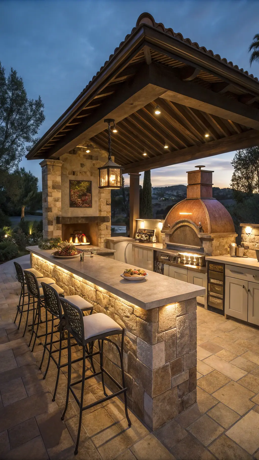 Twilight outdoor kitchen pavilion with stone countertops, stainless steel appliances, teak bar seating, glowing pizza oven, copper hood, LED under-counter lighting, and Mediterranean tile accents