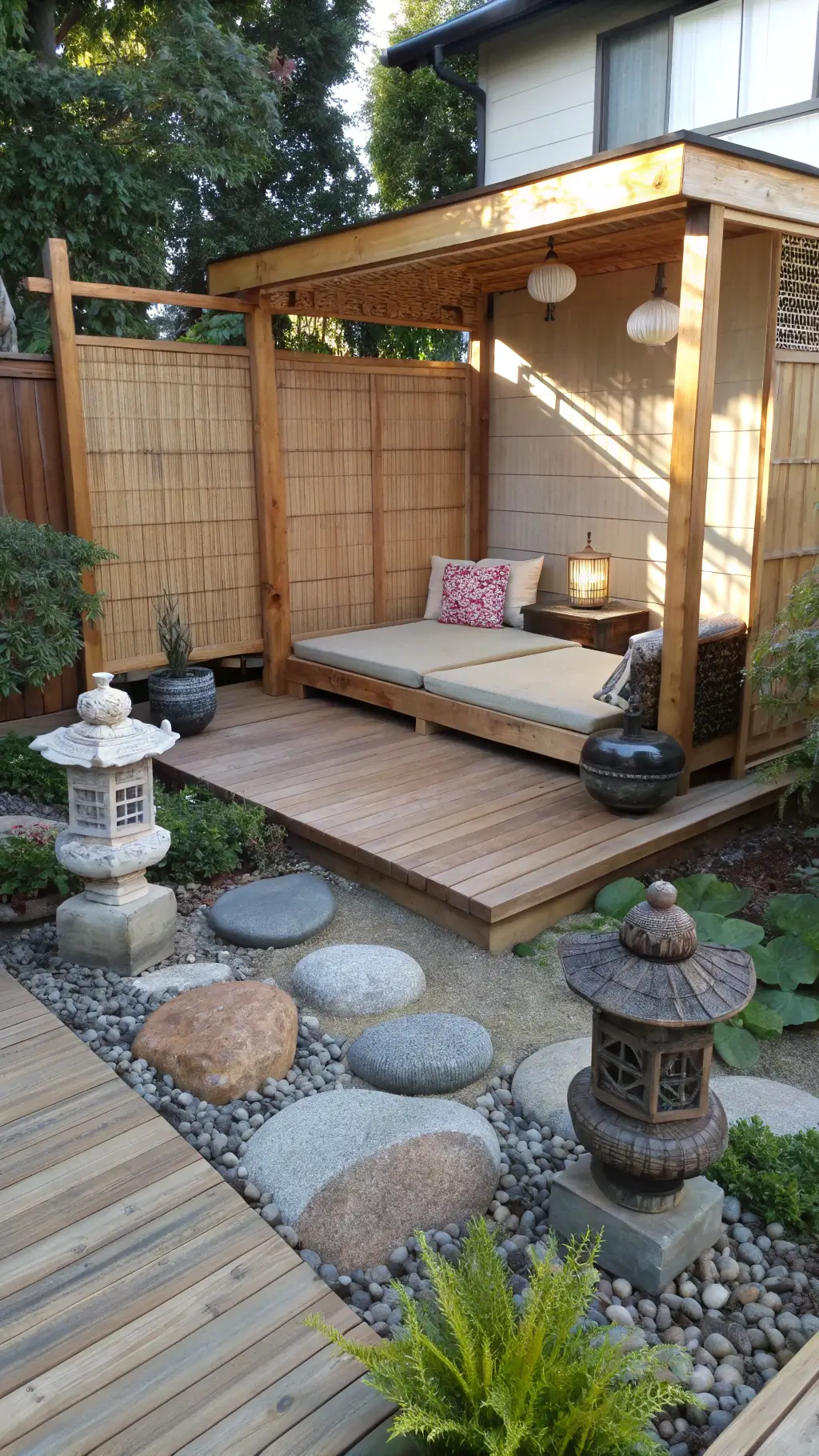 Serene Japanese-inspired meditation corner with bamboo privacy screen, wooden platform over rock garden, earth-toned cushions, stone lanterns, ceramic vessels, and maple trees in misty morning light
