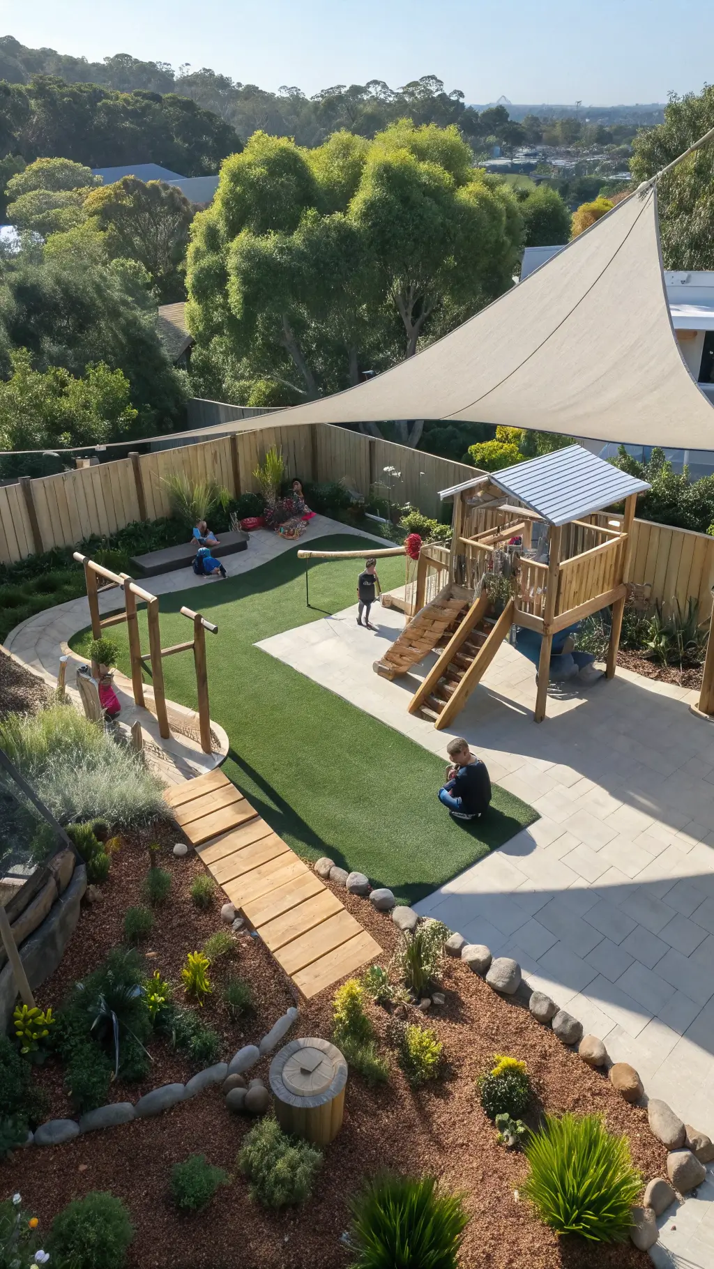 Drone view of backyard featuring wooden play area, artificial turf, adult lounge, native plant gardens, shaded by modern triangular shade sail