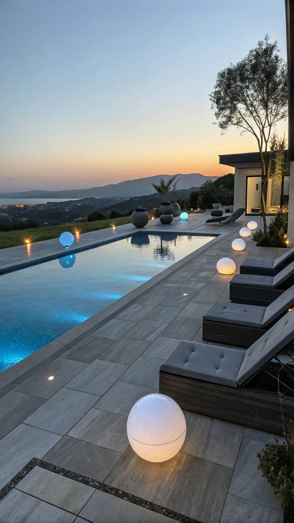 Modern pool deck at dusk with geometric infinity edge, LED orb lights, charcoal loungers, minimalist planters, and contrasting landscape lighting