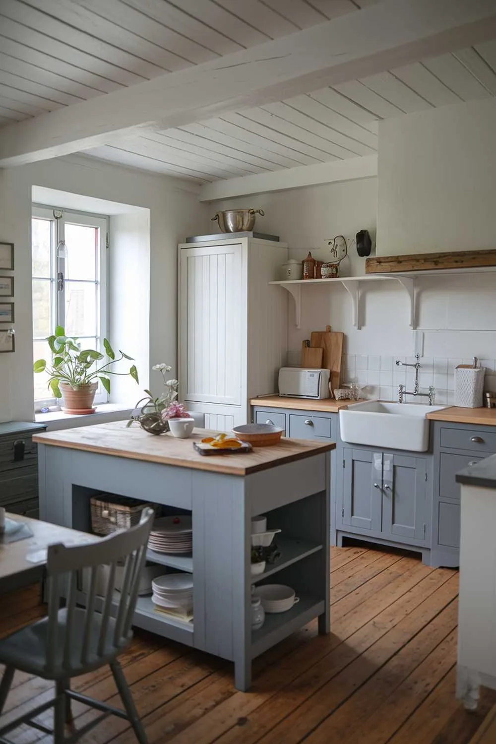 Cozy kitchen with wooden island, gray countertops, white farmhouse sink, and natural light.
