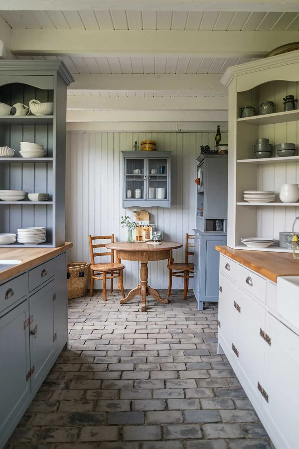 Simple kitchen with wooden table, gray and white cabinets, and textured gray brick flooring.
