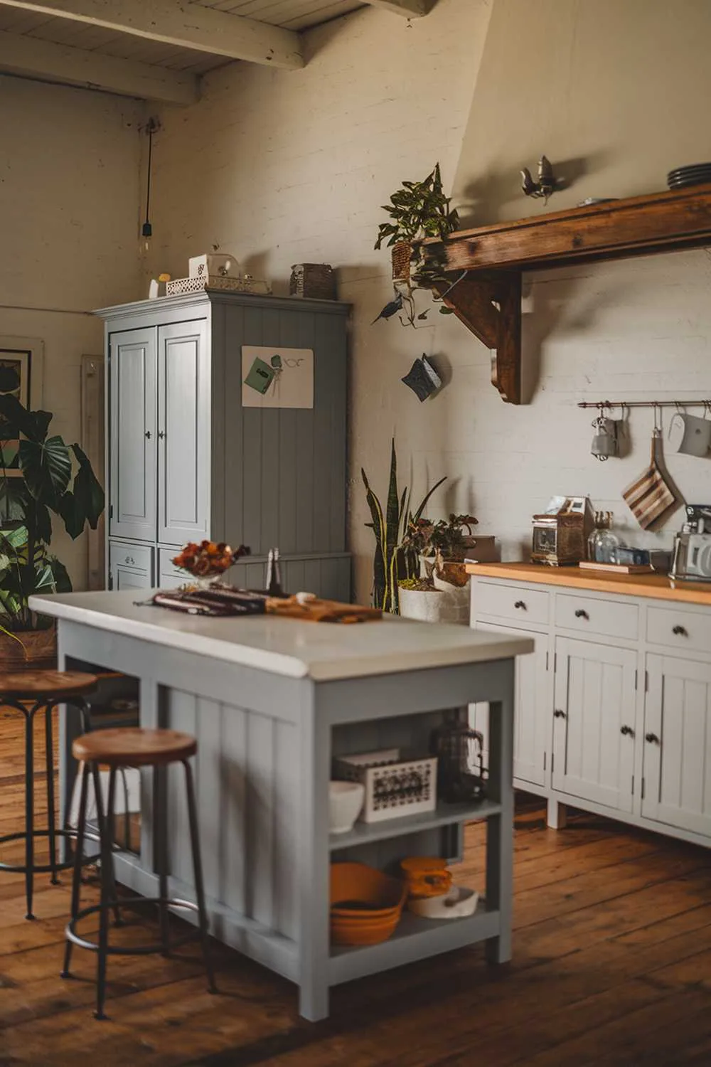 Gray kitchen island with white countertop, wooden shelves, gray and white cabinets, and warm lighting.