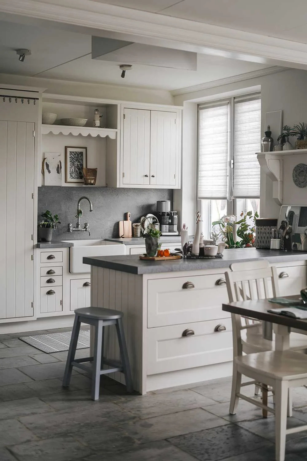 White kitchen with gray hardware, gray backsplash, large gray floor tiles, and mixed seating.