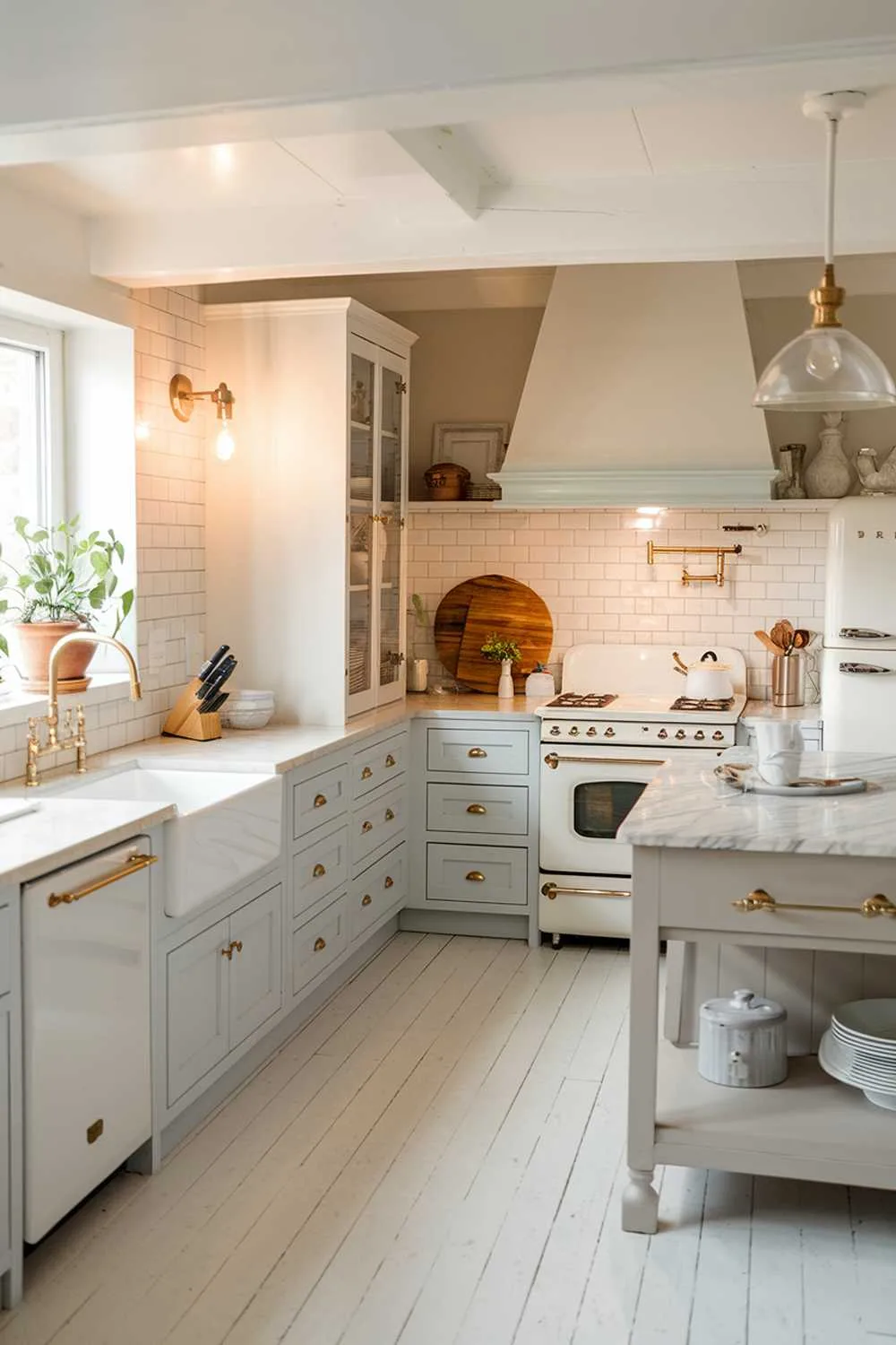 Light gray kitchen island with marble top, gold faucet, farmhouse sink, white stove, and warm lighting.