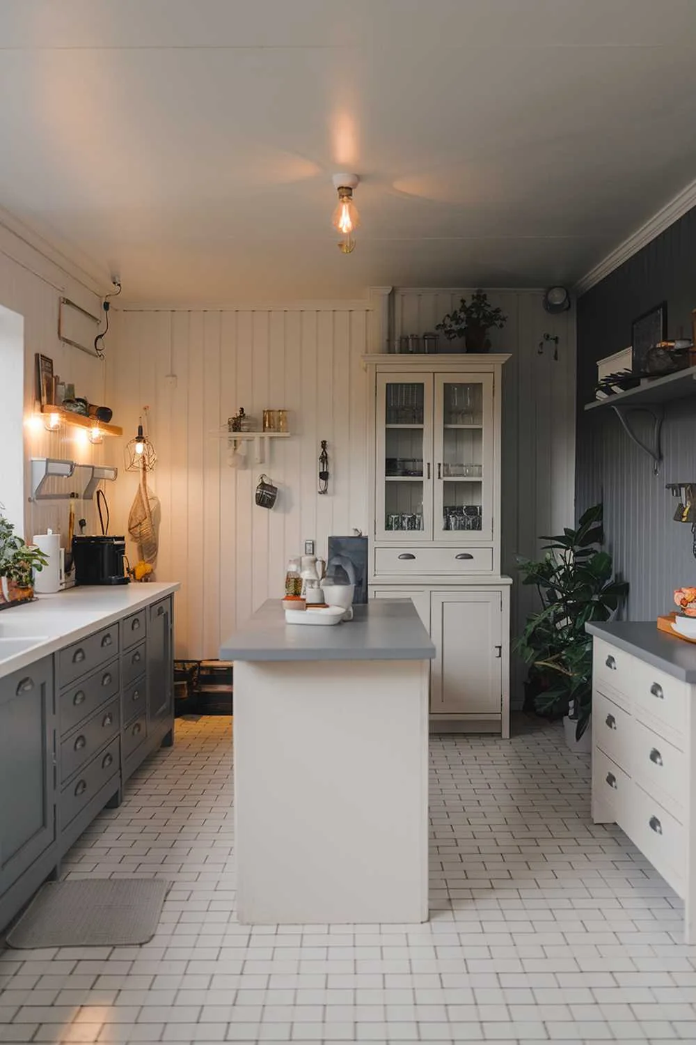 Large kitchen island with gray countertop, white and gray cabinets, shelves, potted plant, and warm lighting.