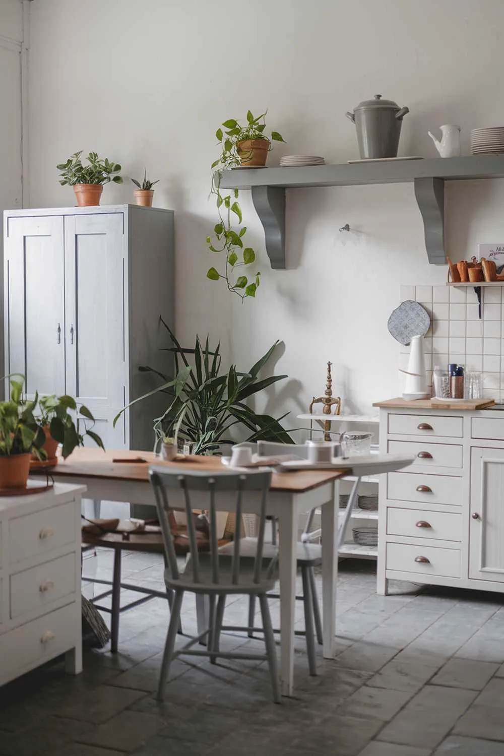 Wooden dining table with chairs, gray and white cabinets, gray shelf with pots and dishes, and gray tiled floor.