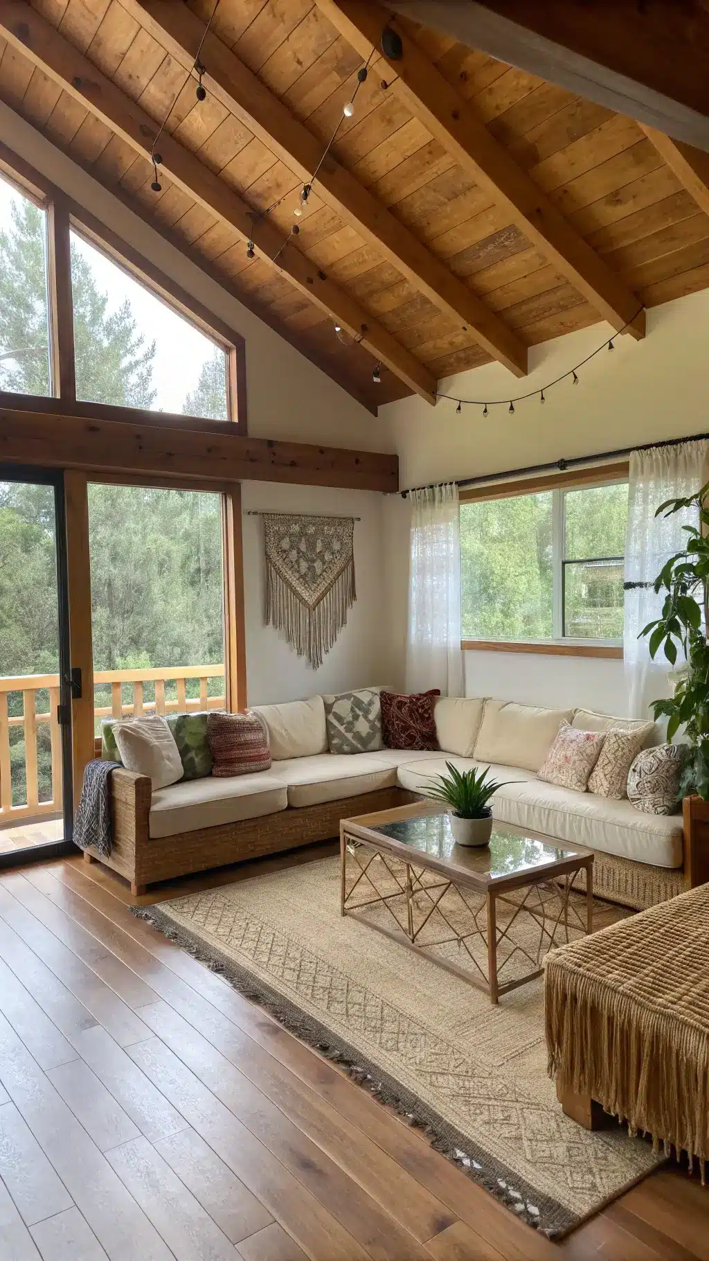 Eco-conscious living room with reclaimed wood ceiling, bamboo floors, hemp sectional, recycled coffee table, macramé wall art, and sheer linen curtains in earth tones