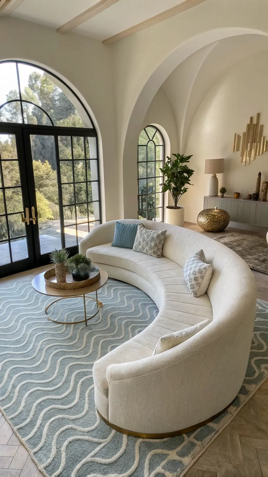 Bird's eye view of organic-shaped living area with cream bouclé sofa, brass nesting tables, scalloped archways, wave-pattern rug, and ceramic sculptures