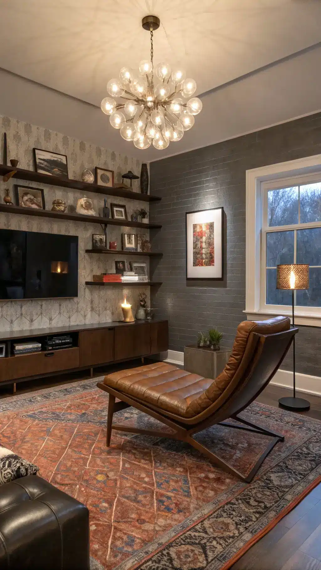 Moody vintage-modern living room at dusk with mid-century leather lounger, glass bubble chandelier, walnut shelves, charcoal wallpaper, Moroccan rug, and copper floor lamp
