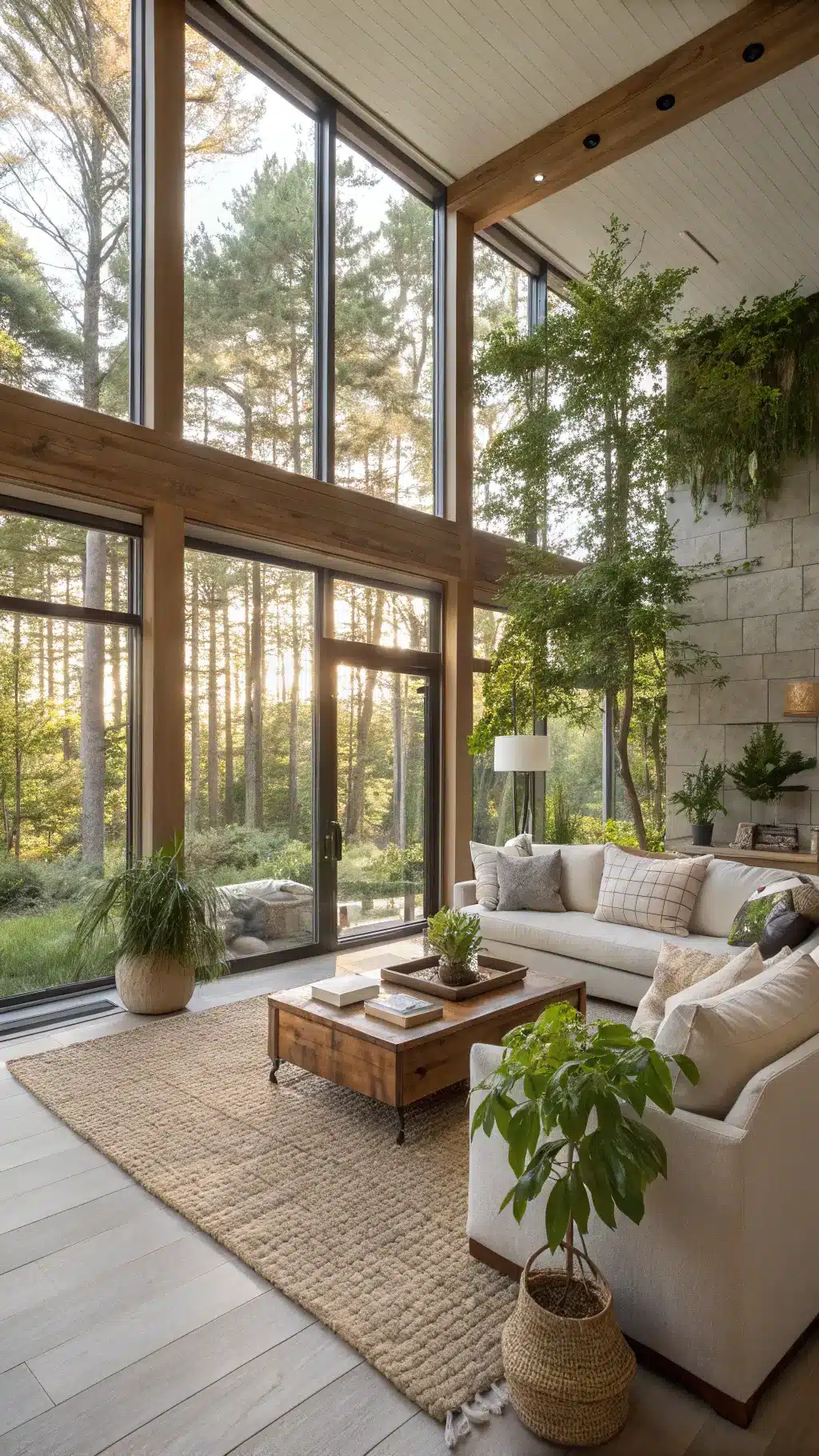 Nature-inspired living room with large windows, indoor trees, organic linen furniture, wooden coffee table, preserved moss, and trailing plants