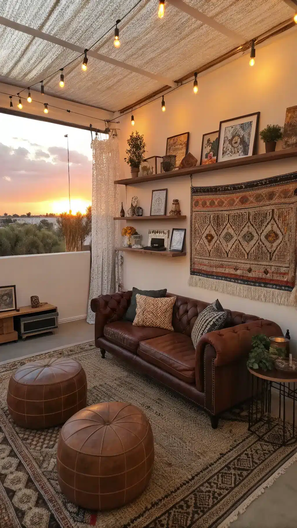 Cozy vintage-inspired living room at sunset with leather Chesterfield sofa, lucite tables, gallery wall of personal photos, handwoven tapestry, Moroccan poufs, and global artifacts