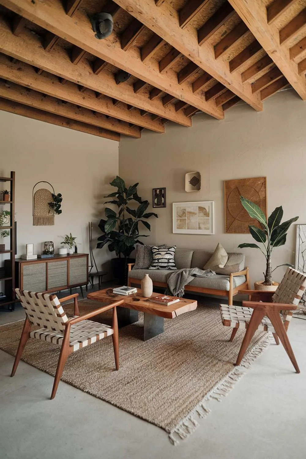 Living room with woven chair, wooden beam ceiling, and metal-accented coffee table