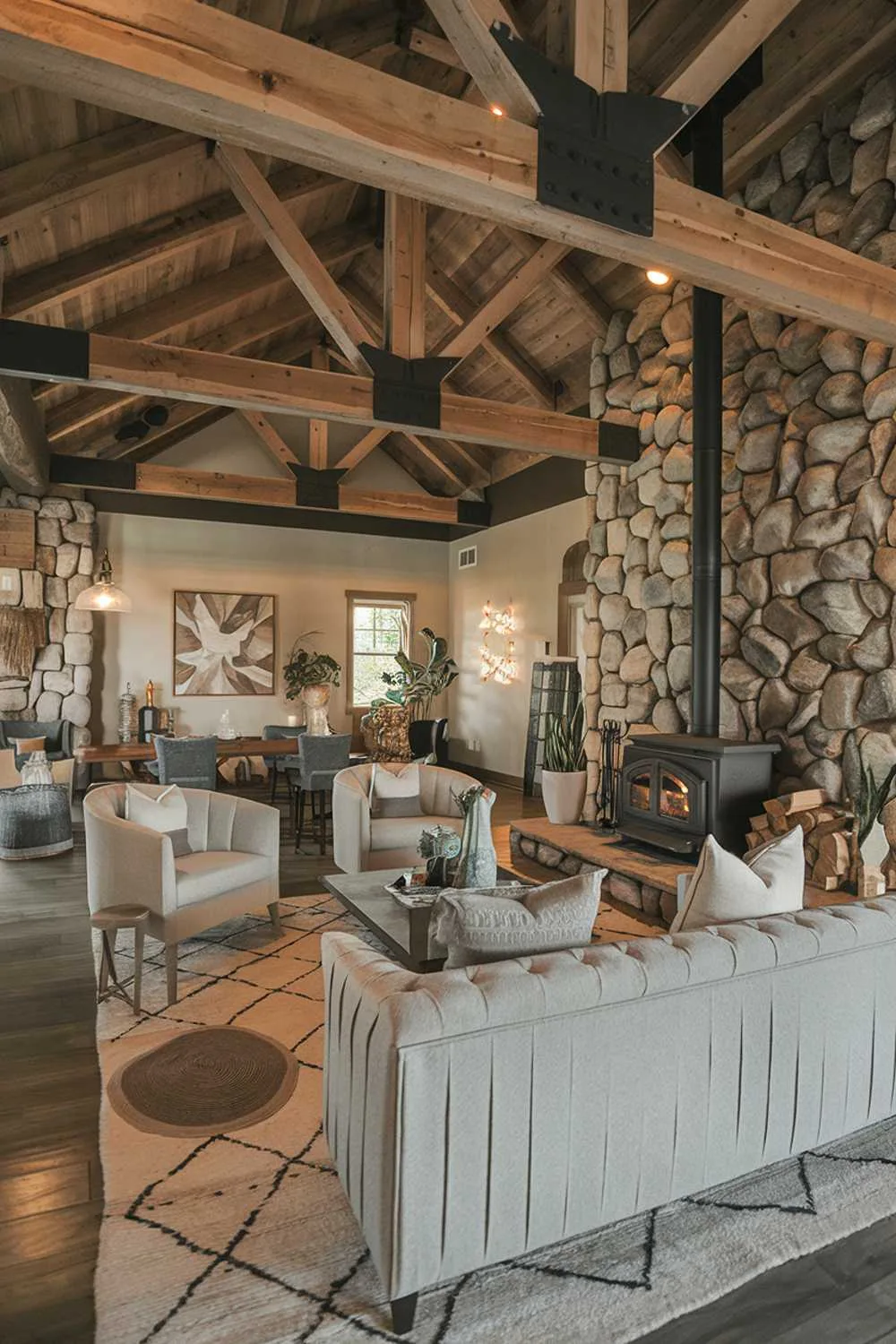 Rustic living room with stone fireplace and wood-burning stove