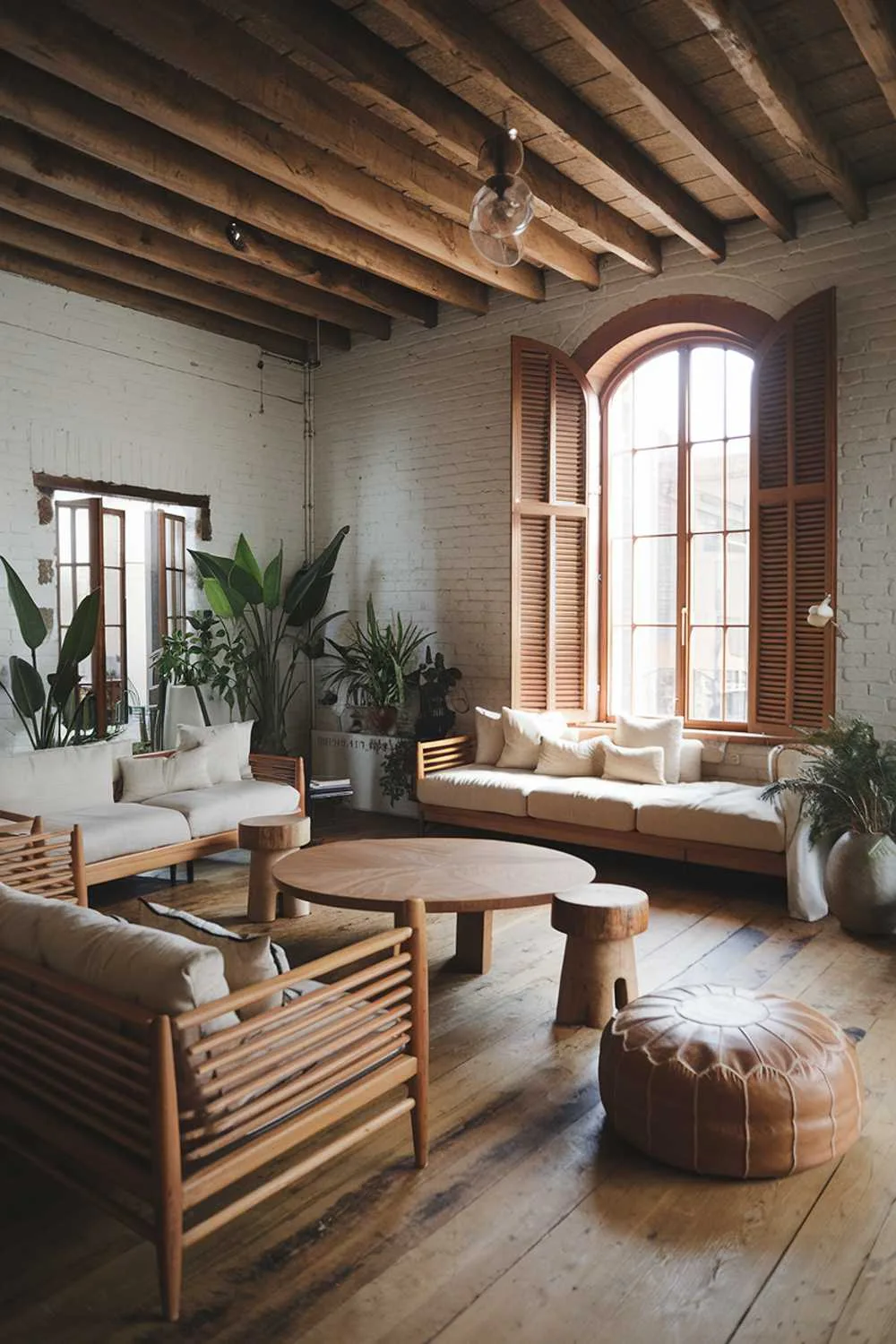Rustic living room with white brick wall and wooden beams