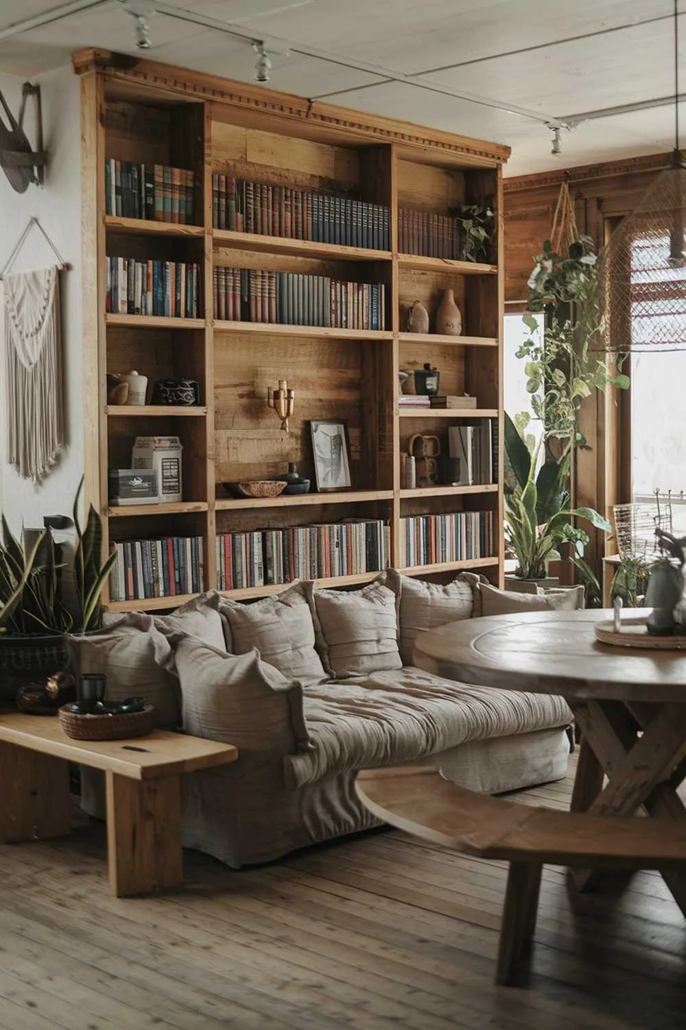 Cozy living room with built-in wooden bookshelf and beige sofa