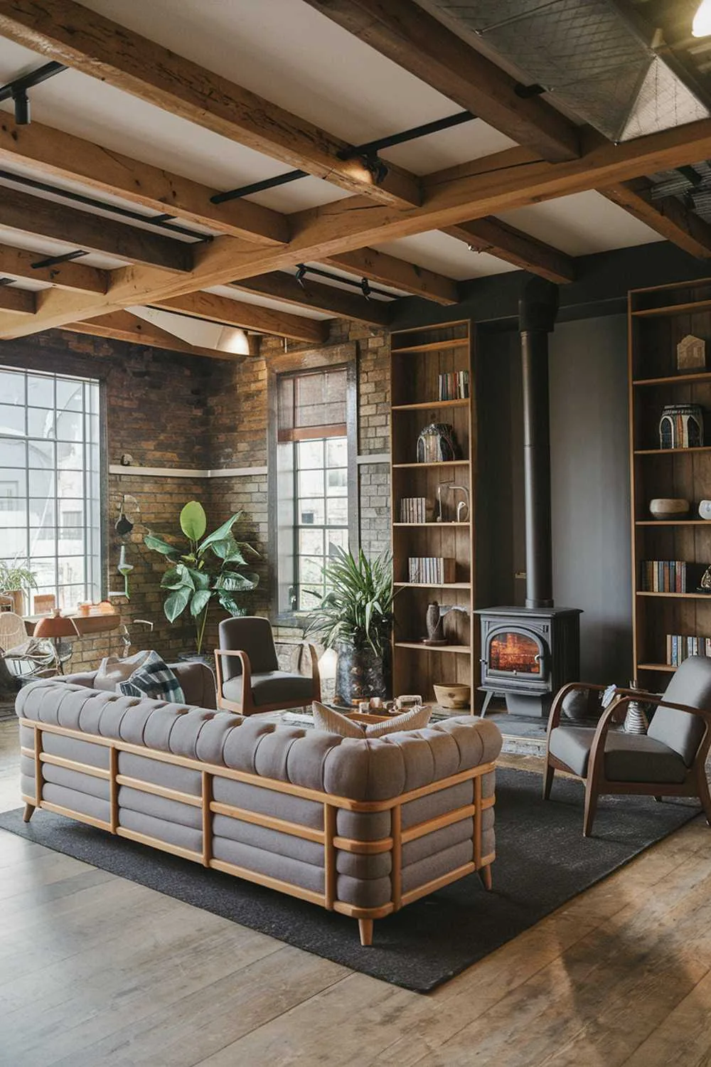Living room with wood-burning stove, wooden beams, and gray sofa