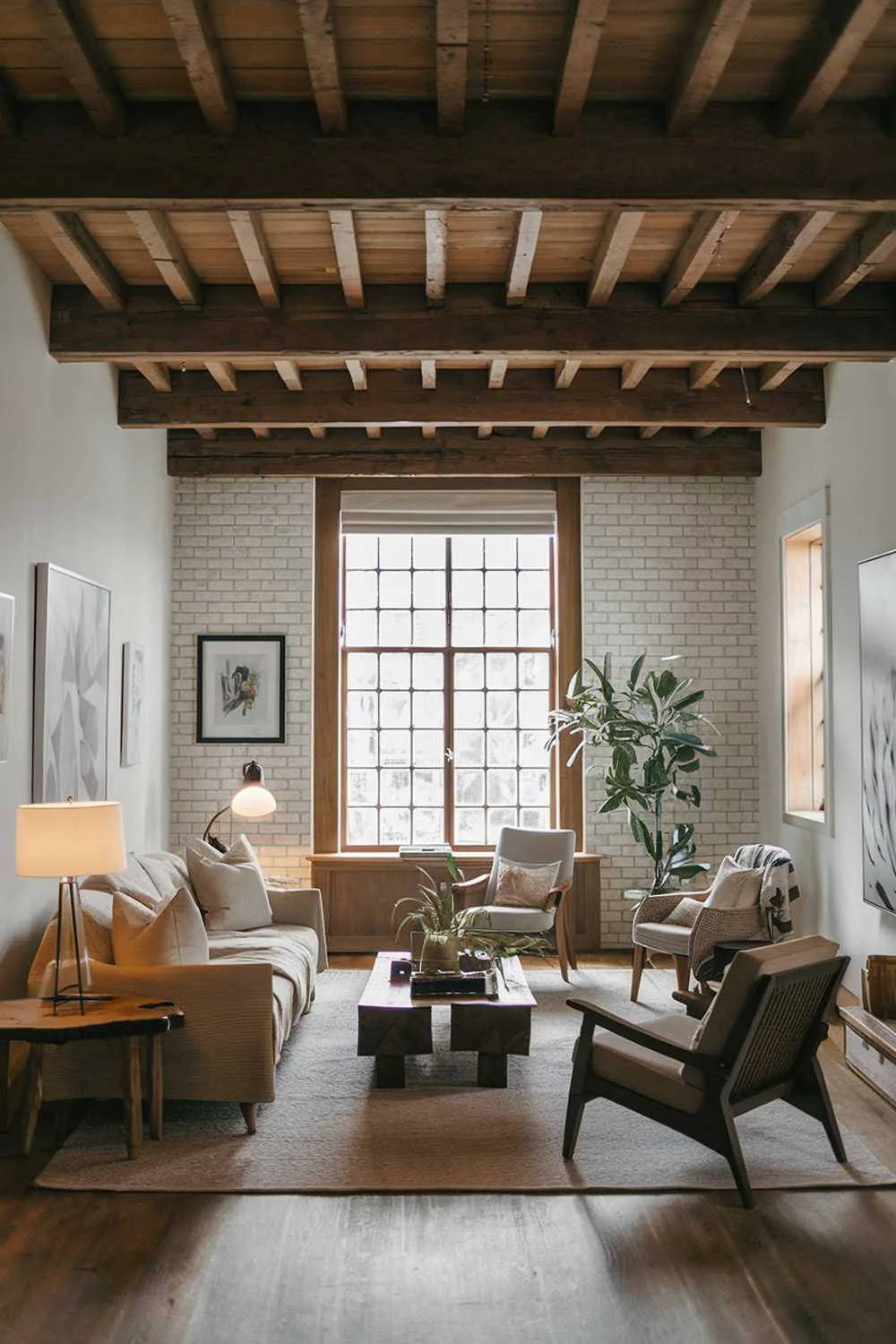 Rustic living room with large window and wooden beams