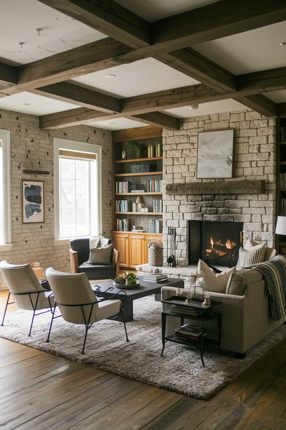 Rustic living room with stone fireplace and wooden beams