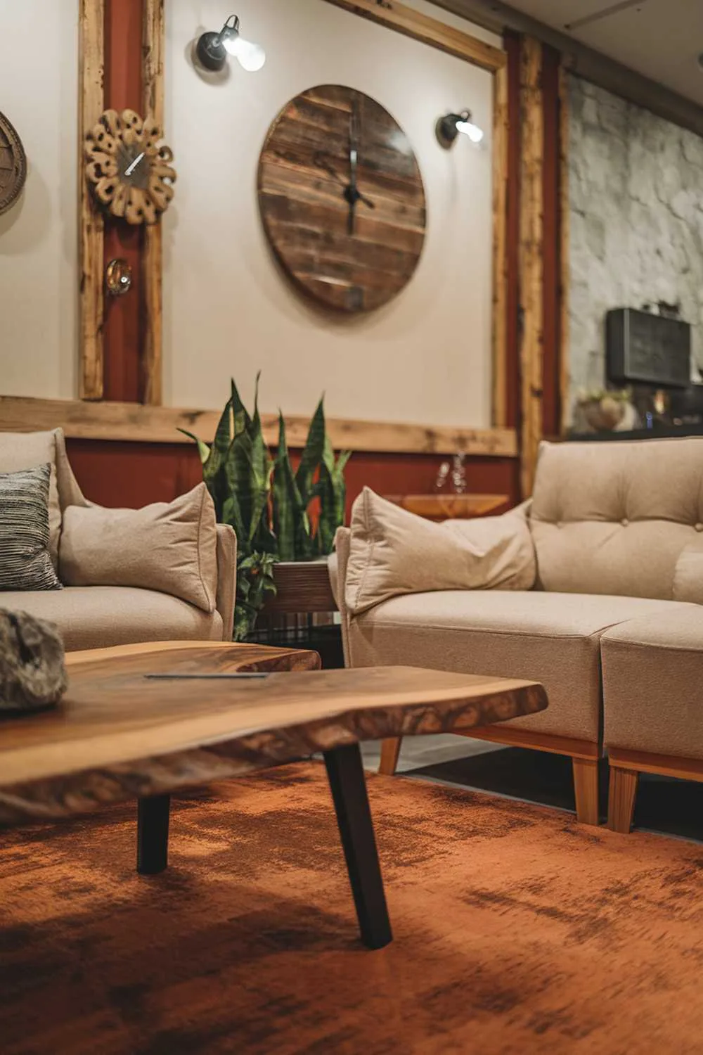 Rustic living room with burnt orange rug and beige sofas